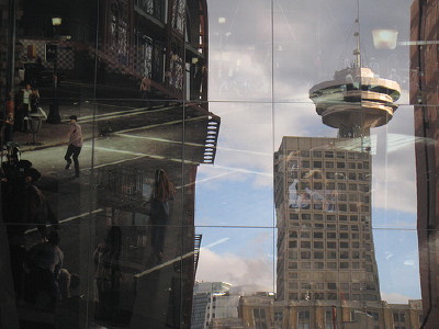 Harbour Centre reflected in the new photo installation at Woodwards
